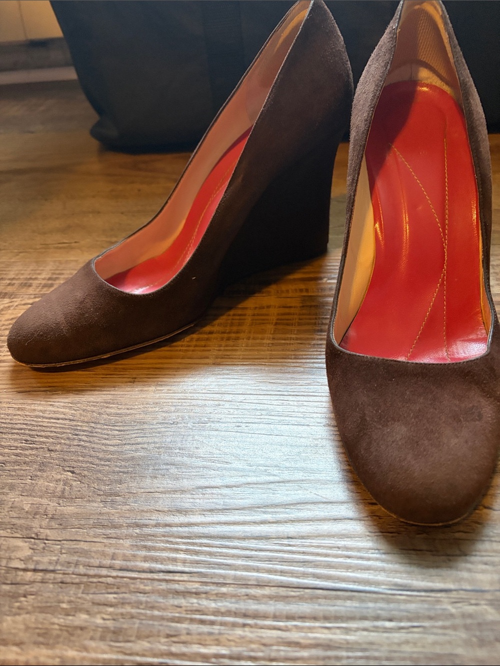 kate spade Brown Suede Wedge Pumps with Red Insole